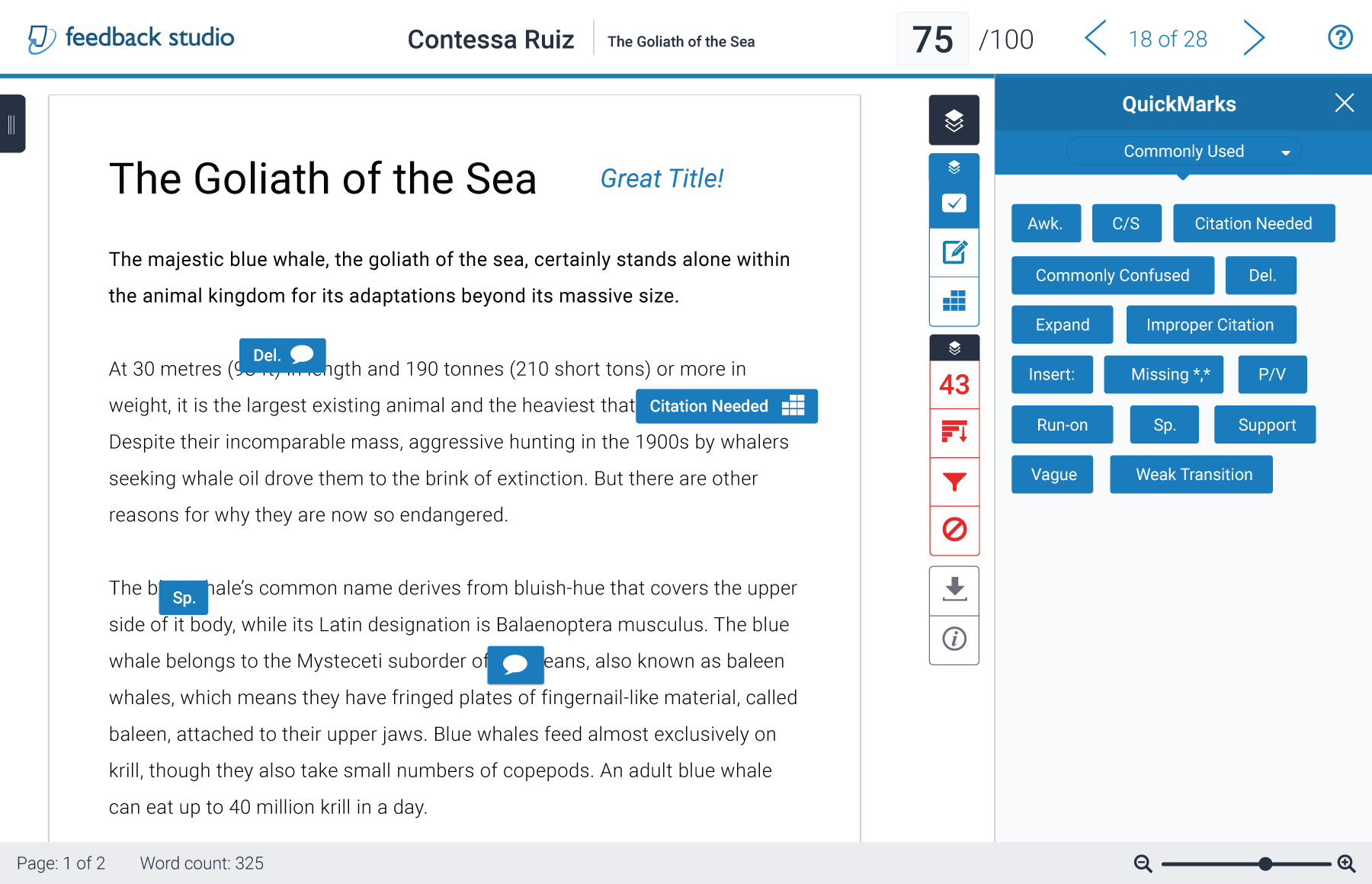 Turnitin Feedback Studio screenshot showing on-paper commenting, with drag-and-drop comment sidebar open